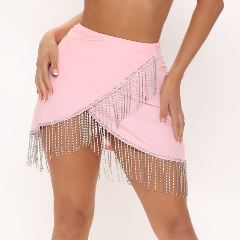 FASHION NOVA Borrowed Hearts Rhinestone Fringe Swim Coverup Skirt Sz. L  - NWT